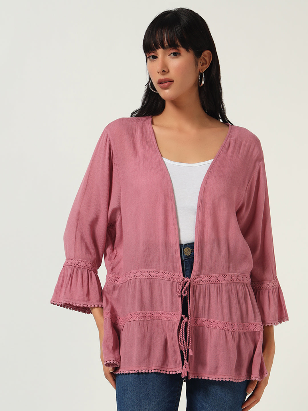 Beatnik Solid Casual Wear 3/4th Sleeve Pink Long Shrugs