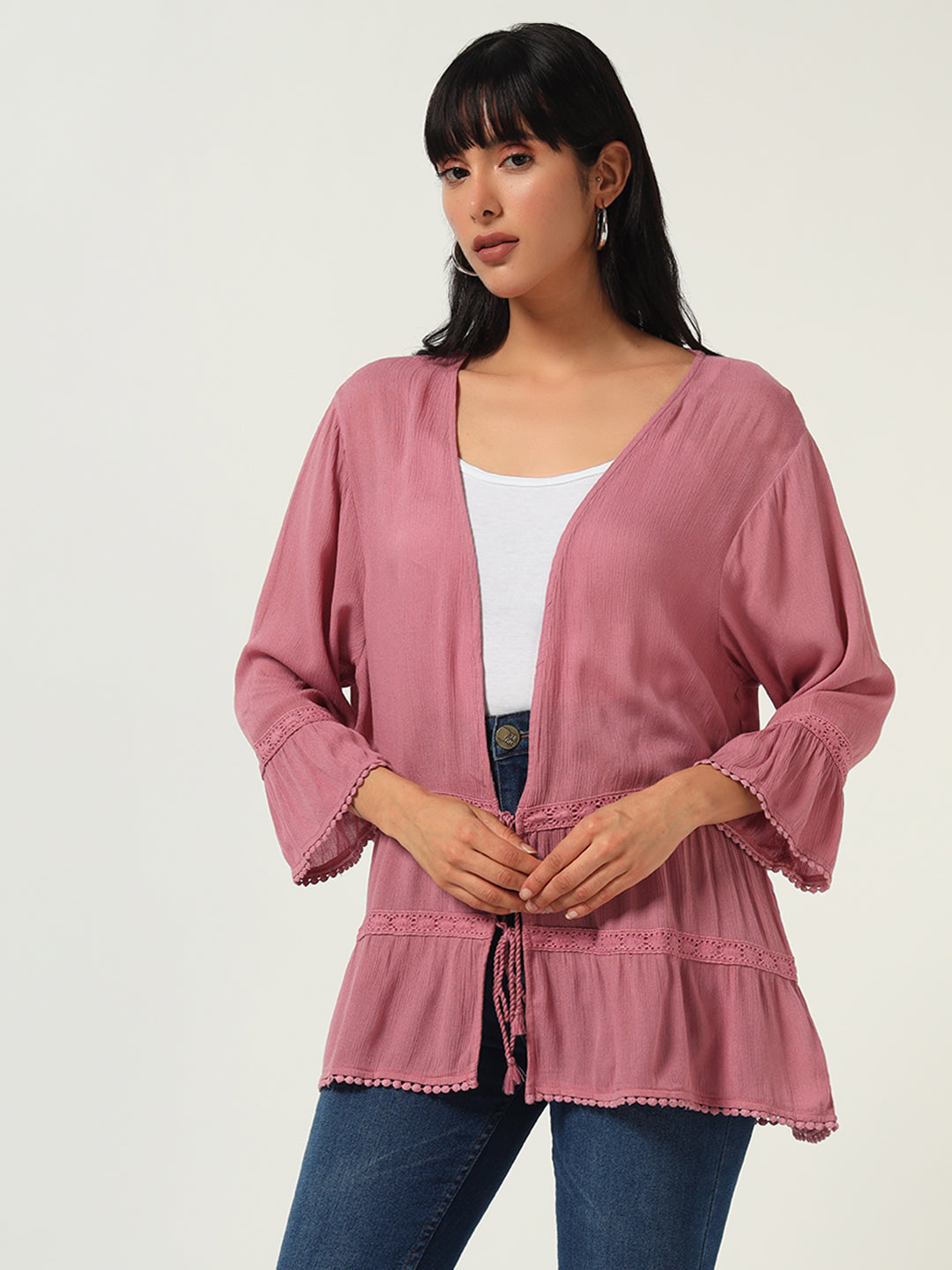 Beatnik Solid Casual Wear 3/4th Sleeve Pink Long Shrugs