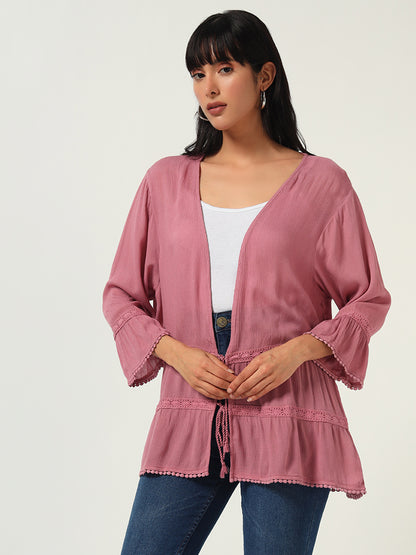 Beatnik Solid Casual Wear 3/4th Sleeve Pink Long Shrugs