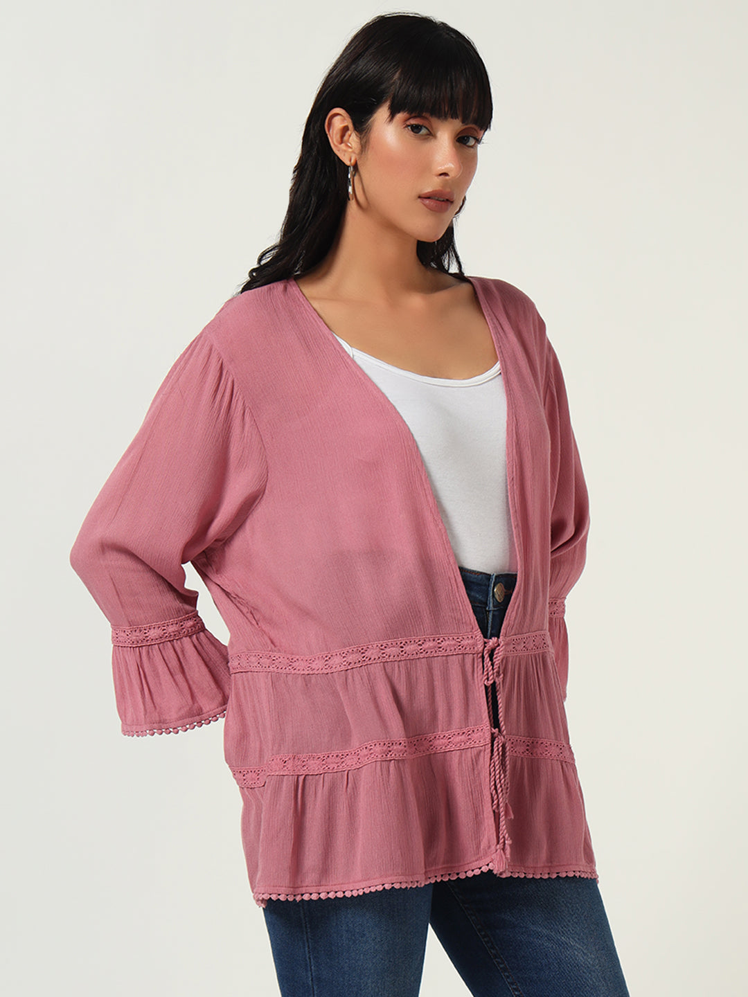 Beatnik Solid Casual Wear 3/4th Sleeve Pink Long Shrugs