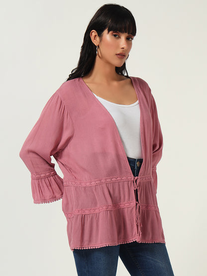 Beatnik Solid Casual Wear 3/4th Sleeve Pink Long Shrugs
