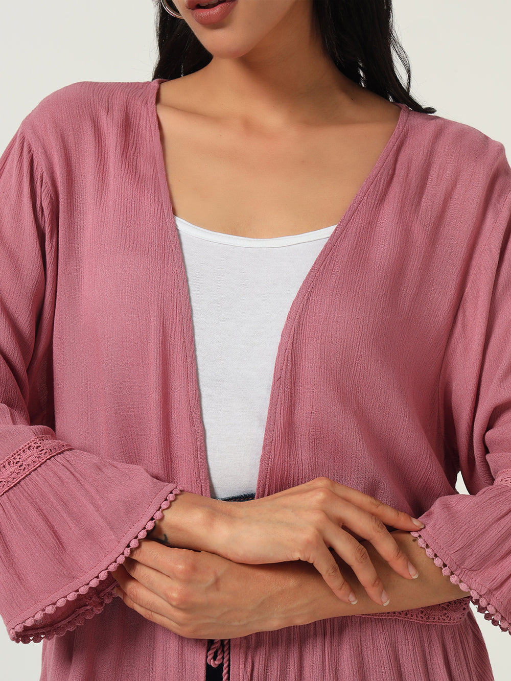 Beatnik Solid Casual Wear 3/4th Sleeve Pink Long Shrugs