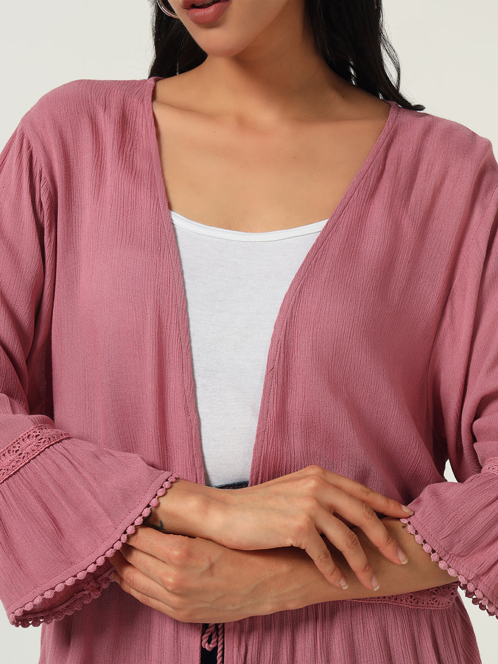 Beatnik Solid Casual Wear 3/4th Sleeve Pink Long Shrugs