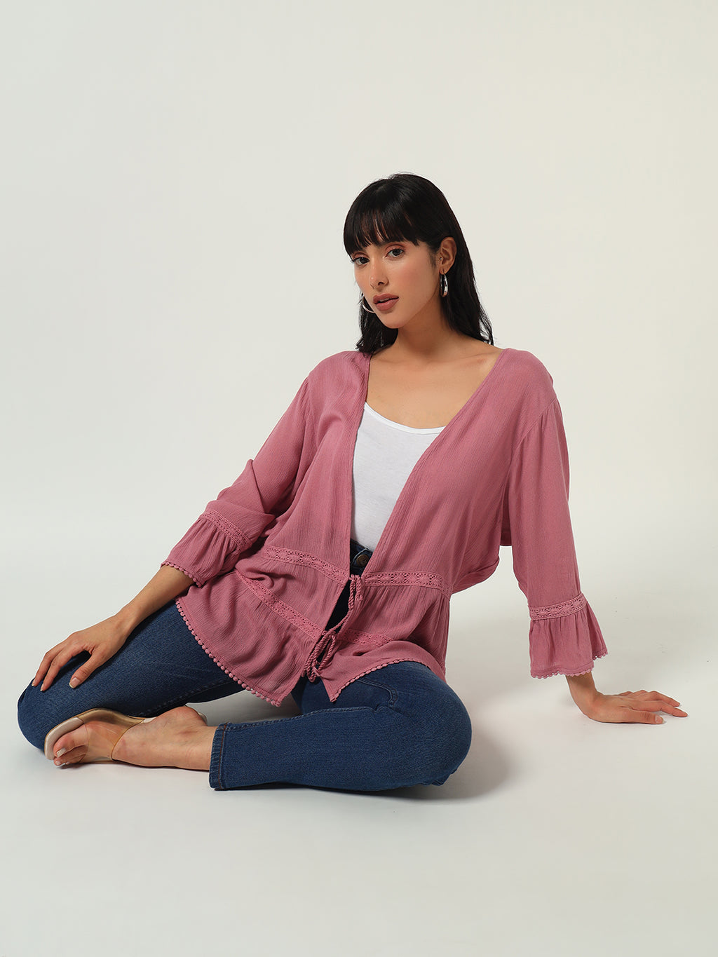 Beatnik Solid Casual Wear 3/4th Sleeve Pink Long Shrugs