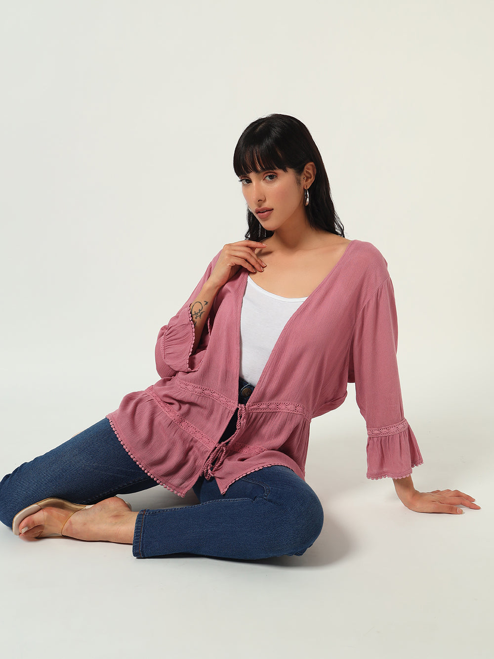 Beatnik Solid Casual Wear 3/4th Sleeve Pink Long Shrugs