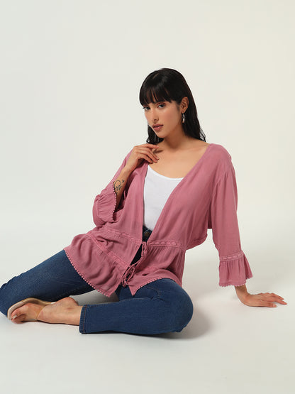 Beatnik Solid Casual Wear 3/4th Sleeve Pink Long Shrugs