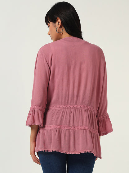 Beatnik Solid Casual Wear 3/4th Sleeve Pink Long Shrugs