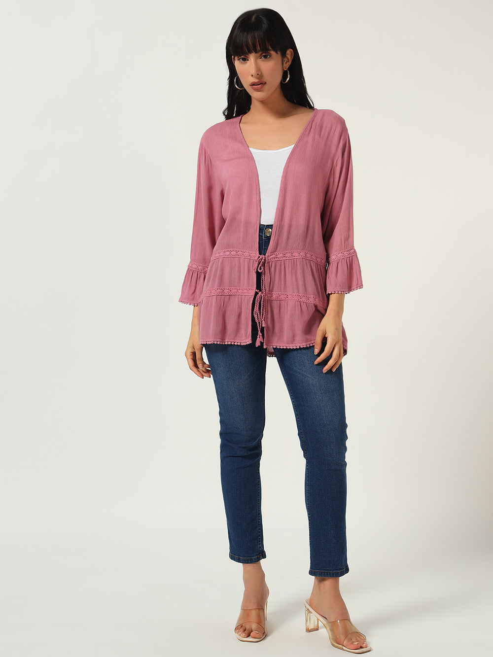 Beatnik Solid Casual Wear 3/4th Sleeve Pink Long Shrugs