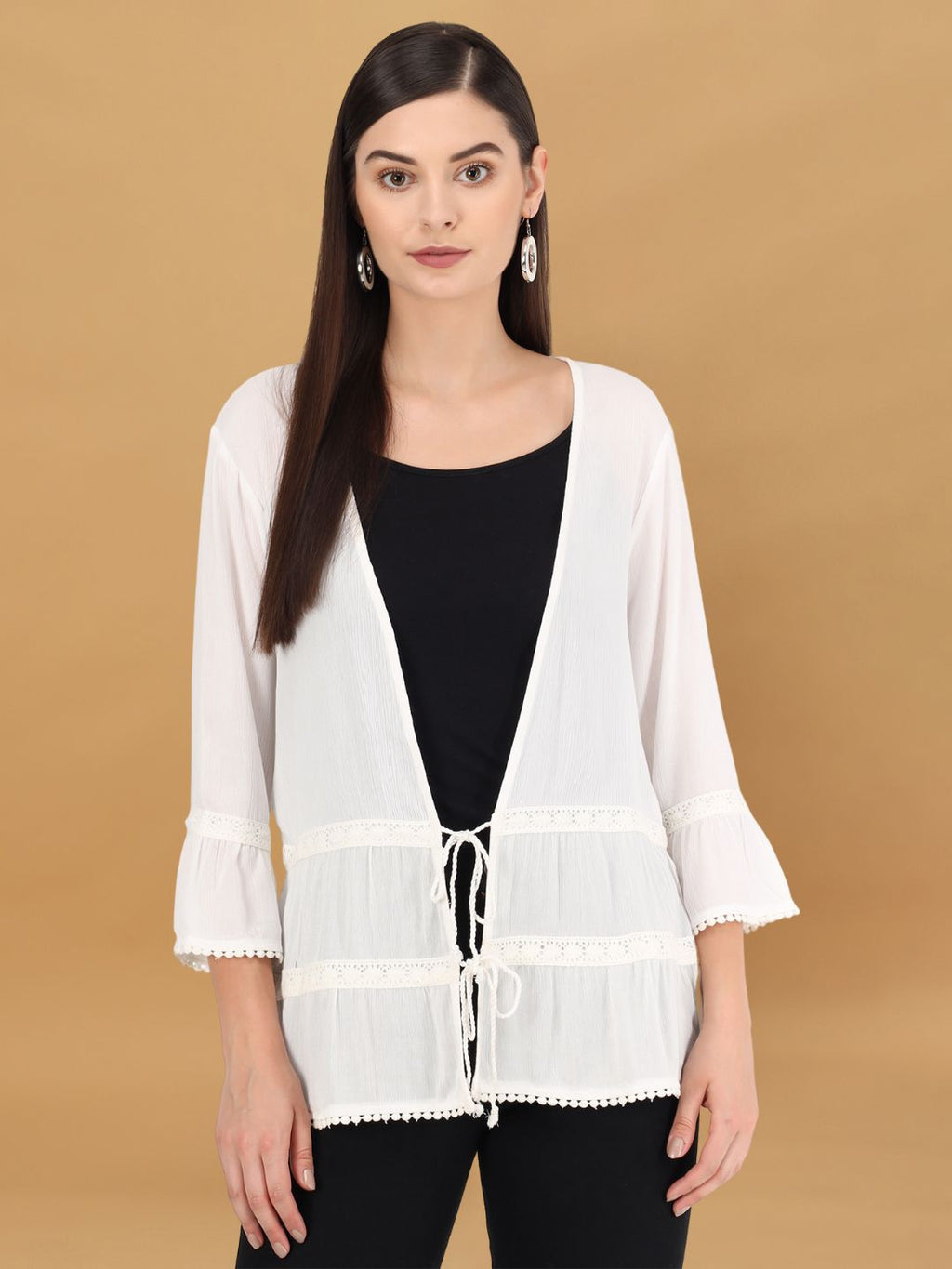 Beatnik Solid Casual Wear 3/4th Sleeve White Long Shrugs Beatnik India
