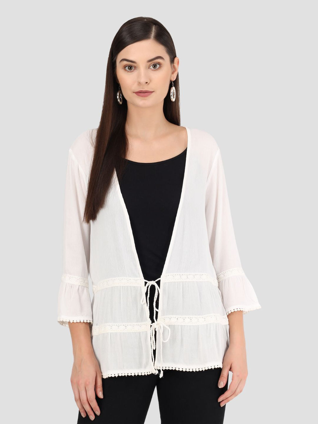 Beatnik Solid Casual Wear 3/4th Sleeve White Long Shrugs Beatnik India