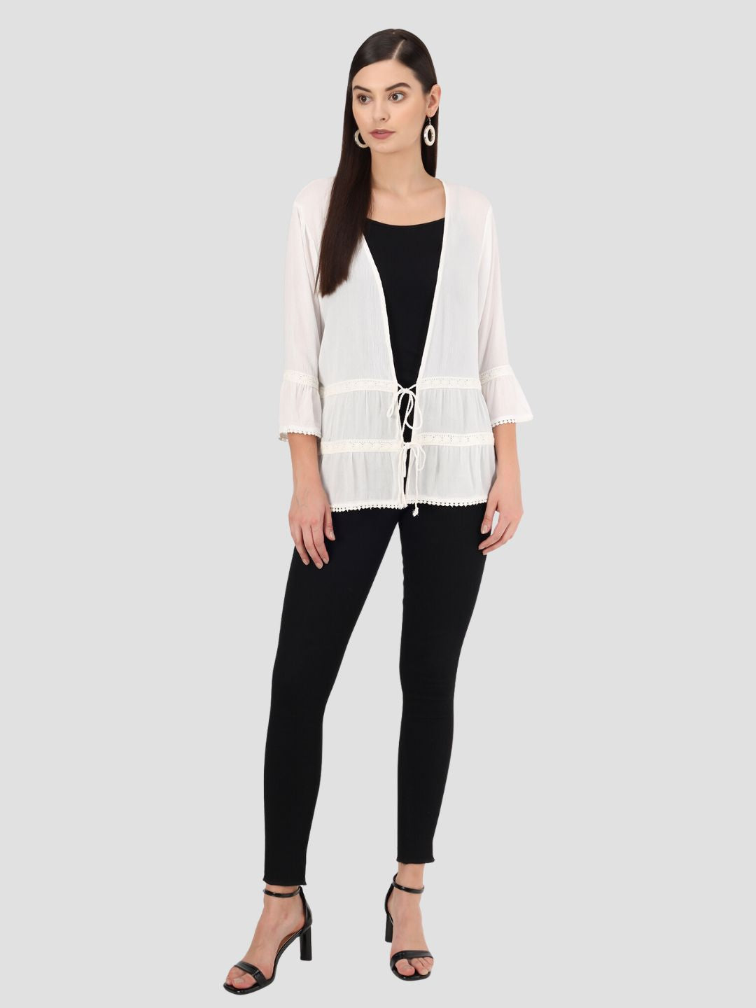 Beatnik Solid Casual Wear 3/4th Sleeve White Long Shrugs Beatnik India