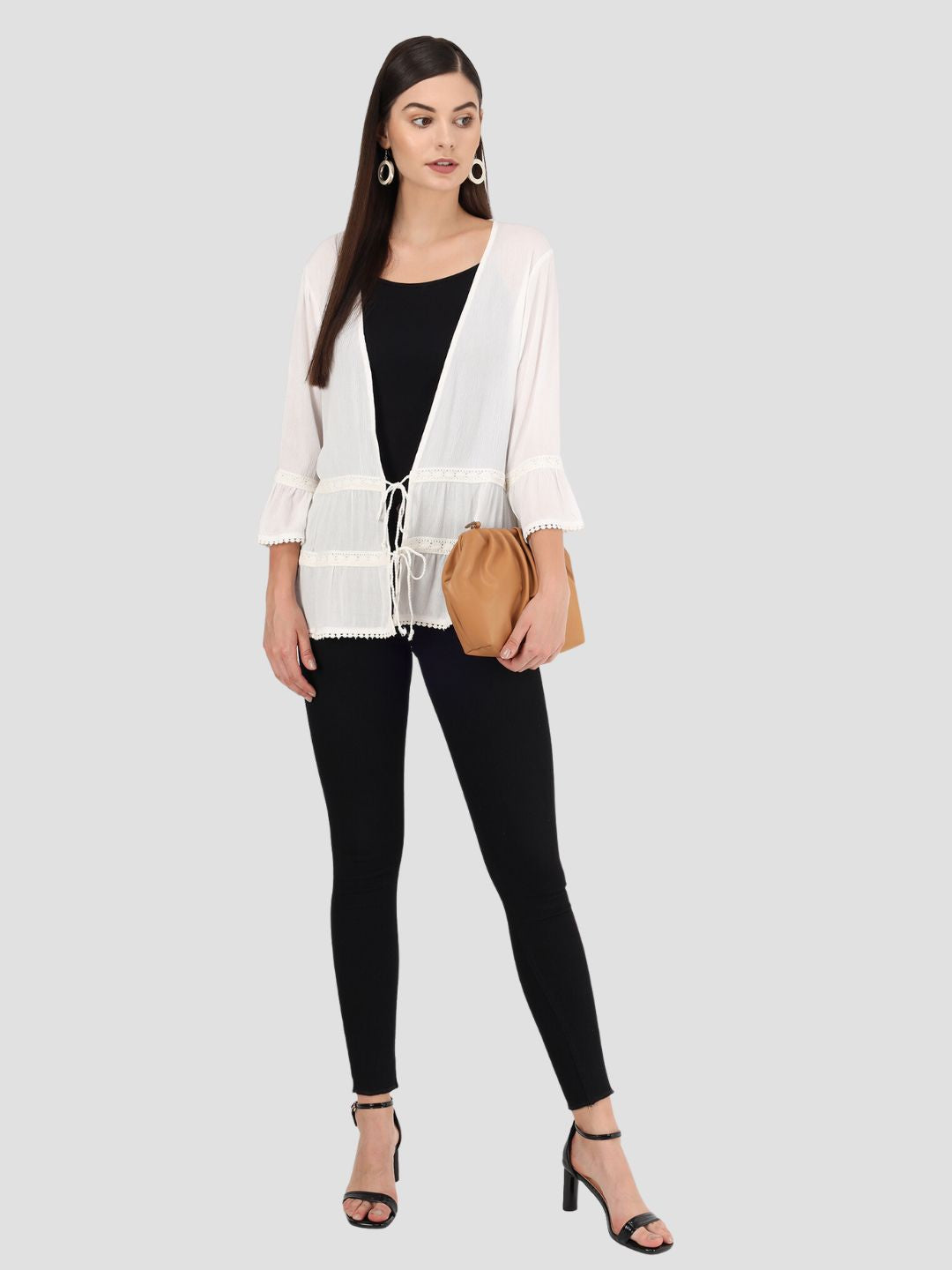 Beatnik Solid Casual Wear 3/4th Sleeve White Long Shrugs Beatnik India