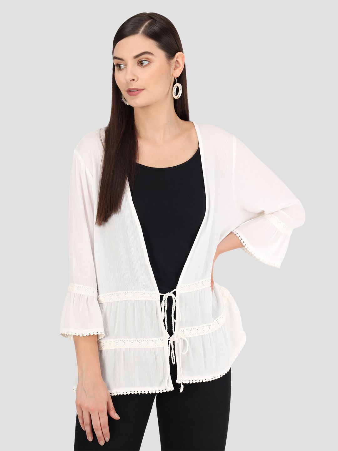 Beatnik Solid Casual Wear 3/4th Sleeve White Long Shrugs Beatnik India
