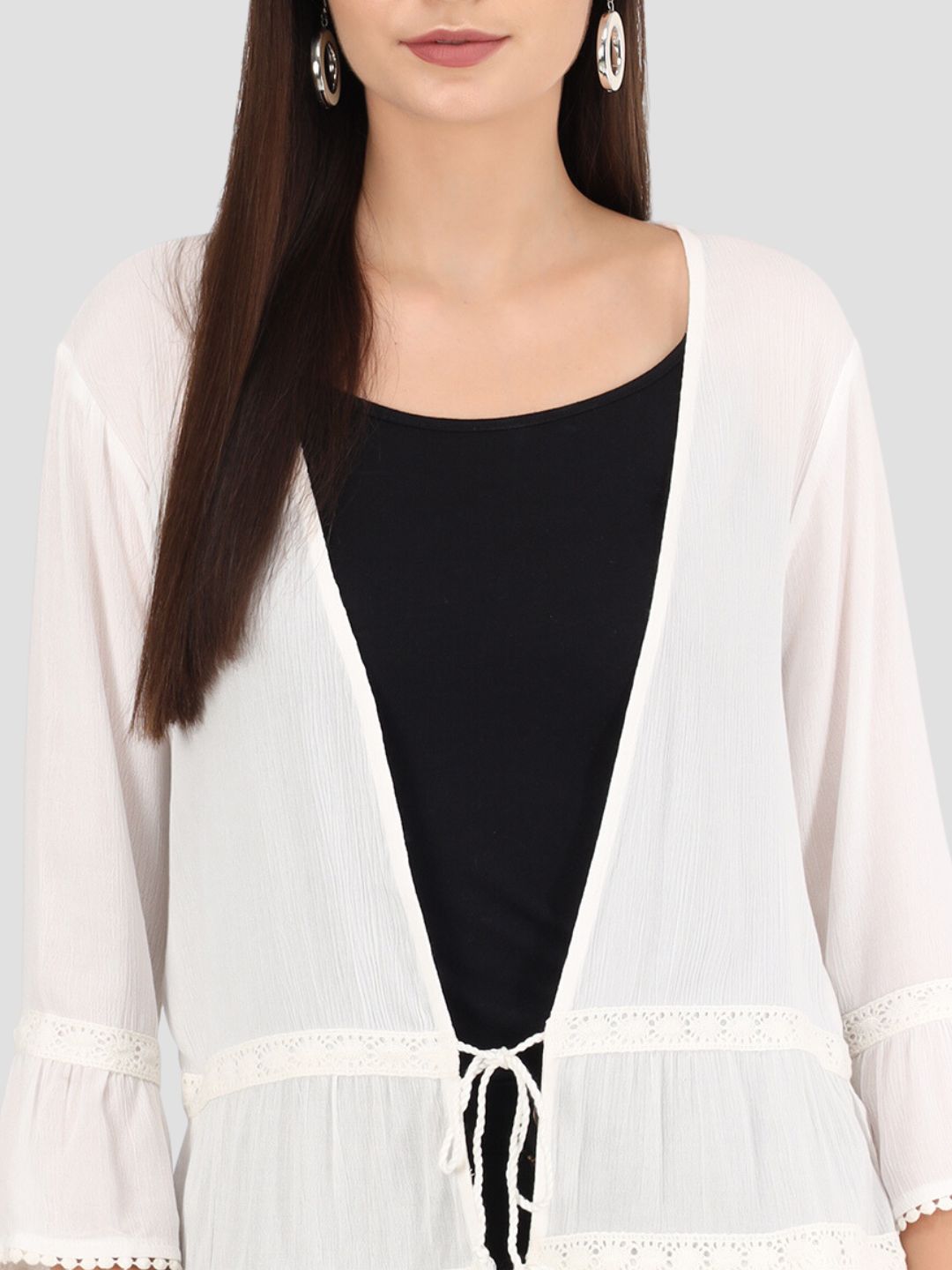 Beatnik Solid Casual Wear 3/4th Sleeve White Long Shrugs Beatnik India