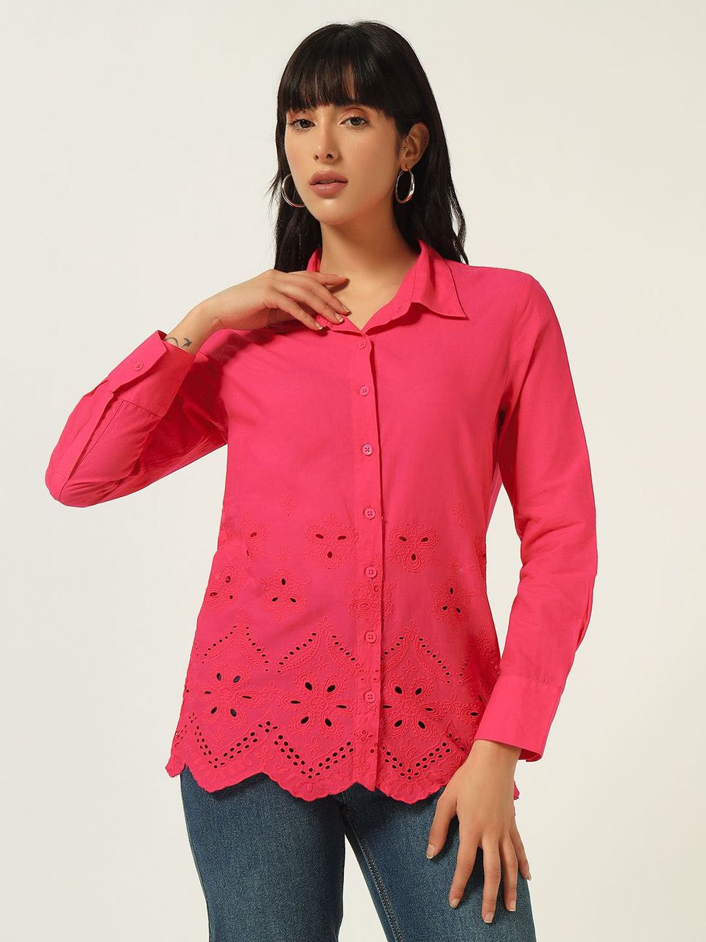 Beatnik Schiffli Spread Collar Fushia Western Shirt