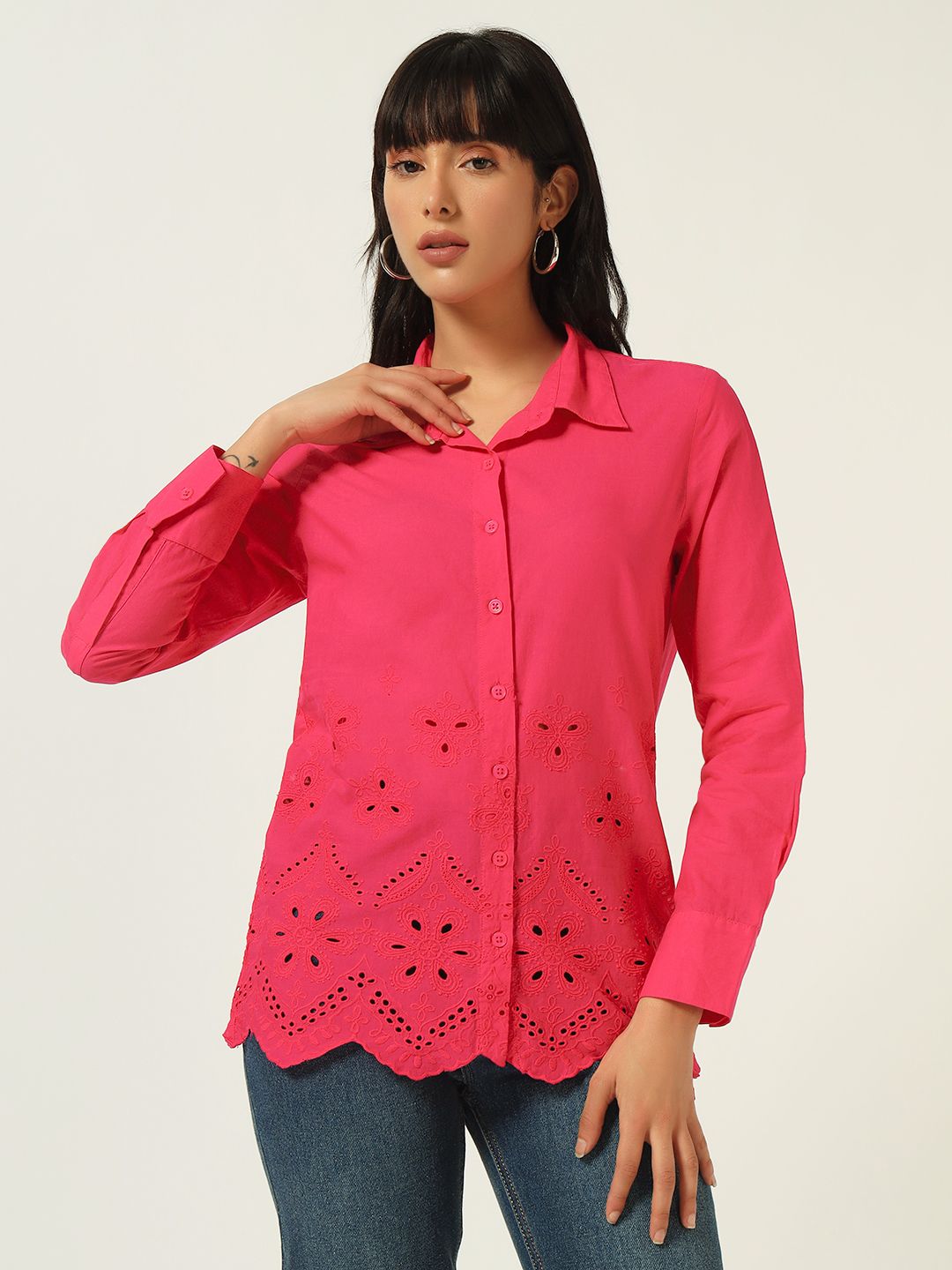 Beatnik Schiffli Spread Collar Fushia Western Shirt