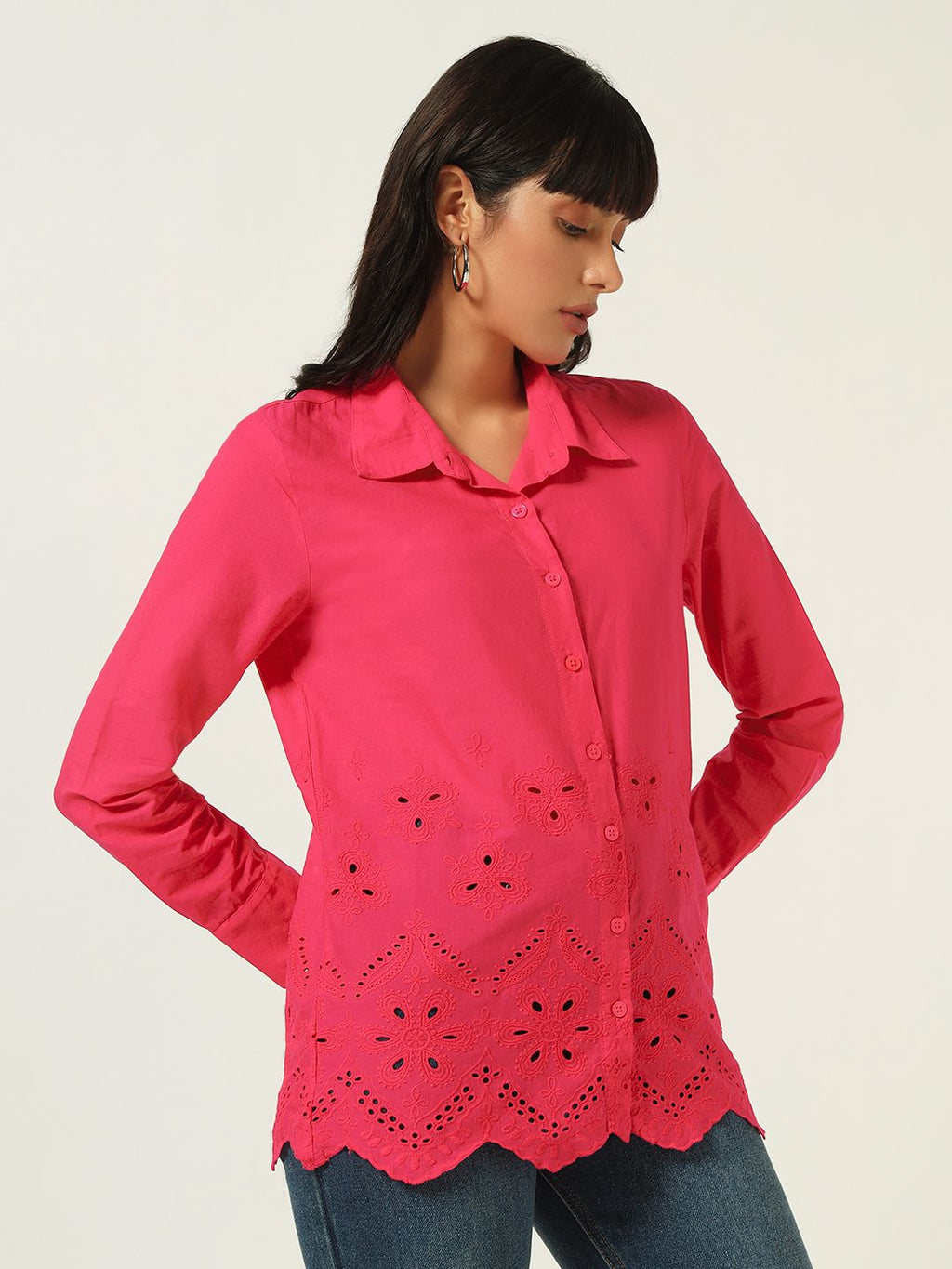 Beatnik Schiffli Spread Collar Fushia Western Shirt