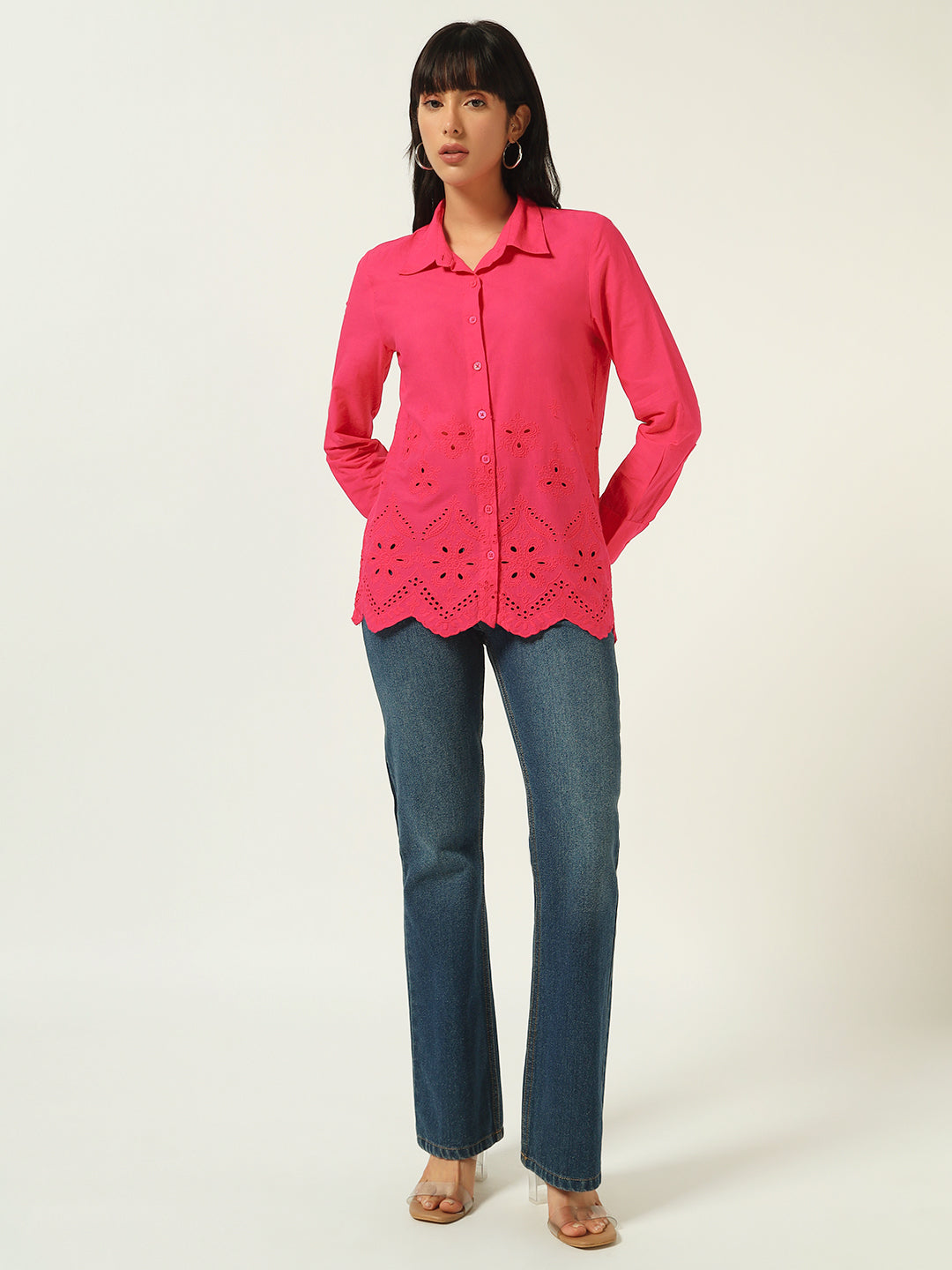 Beatnik Schiffli Spread Collar Fushia Western Shirt
