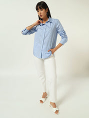 Beatnik’s Blue Power Striped Chic Statement Western Shirt
