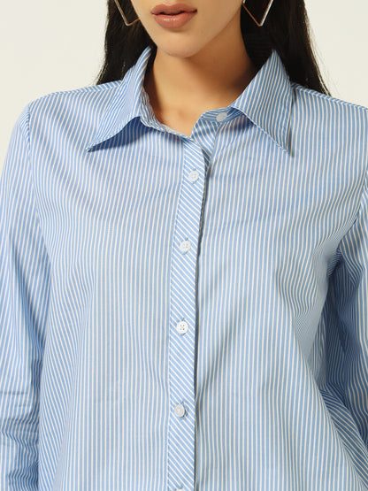 Beatnik’s Blue Power Striped Chic Statement Western Shirt