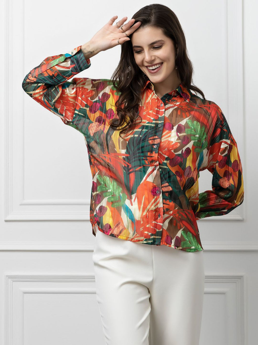 Beatnik Orange Collar Lurex Womens Western Shirt Beatnik India