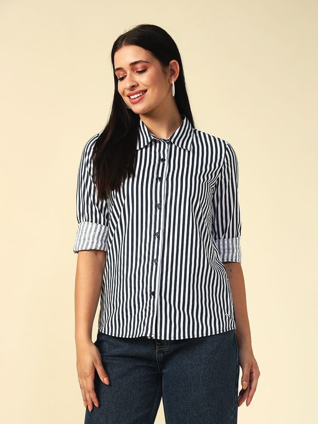 Navy Blue Formal Spread Collar Shirt Beatnik