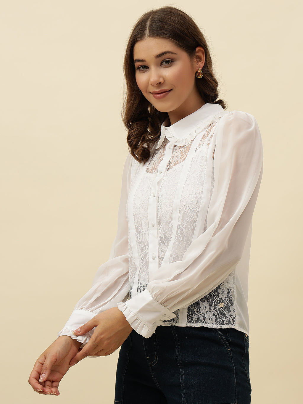 White Lace fabric Spread Collar Western Shirt
