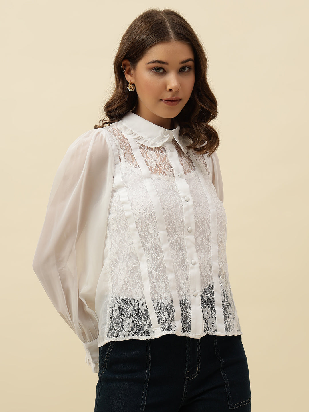 White Lace fabric Spread Collar Western Shirt