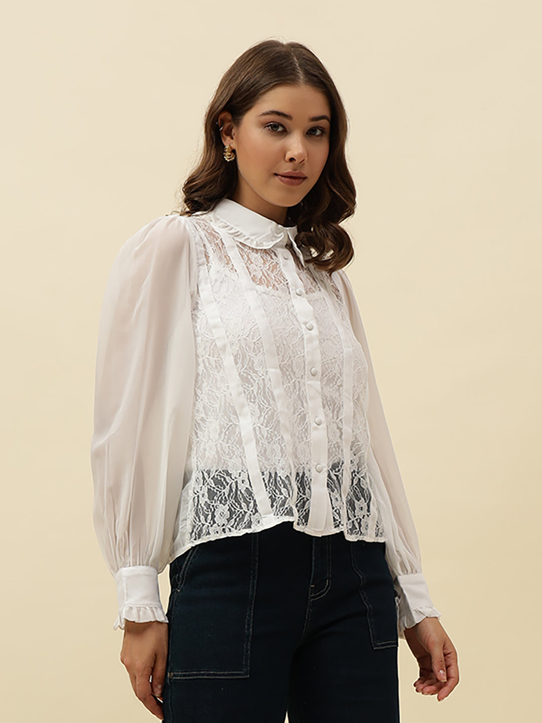 White Lace fabric Spread Collar Western Shirt