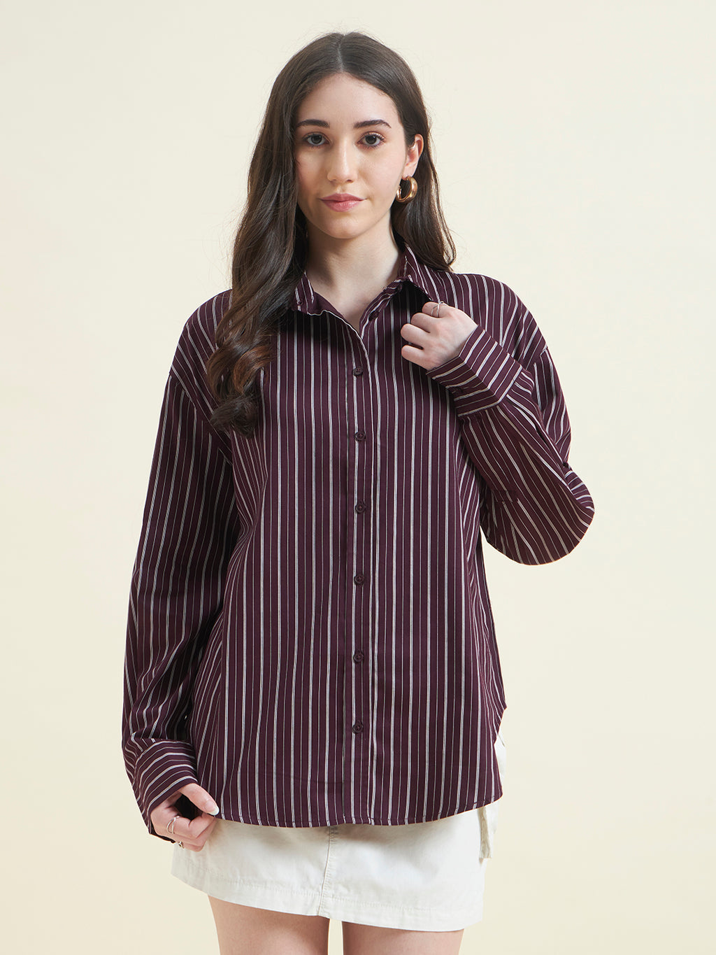 Beatnik Women Wine Oversized Tencel Striped Full Sleeve Casual Shirt