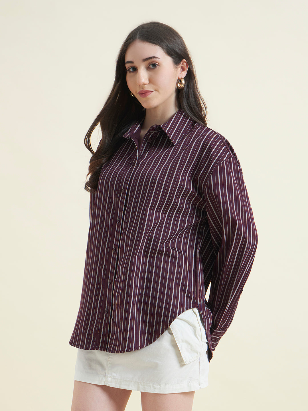 Beatnik Women Wine Oversized Tencel Striped Full Sleeve Casual Shirt