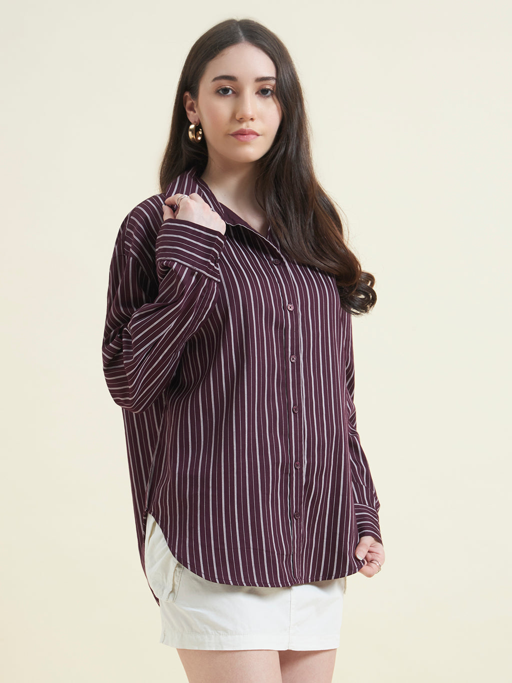 Beatnik Women Wine Oversized Tencel Striped Full Sleeve Casual Shirt