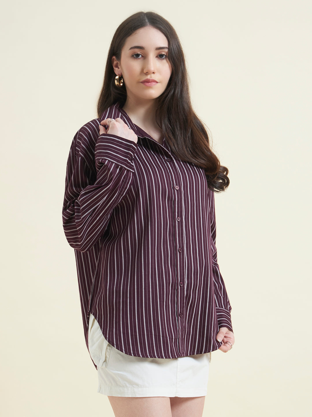 Beatnik Women Wine Oversized Tencel Striped Full Sleeve Casual Shirt