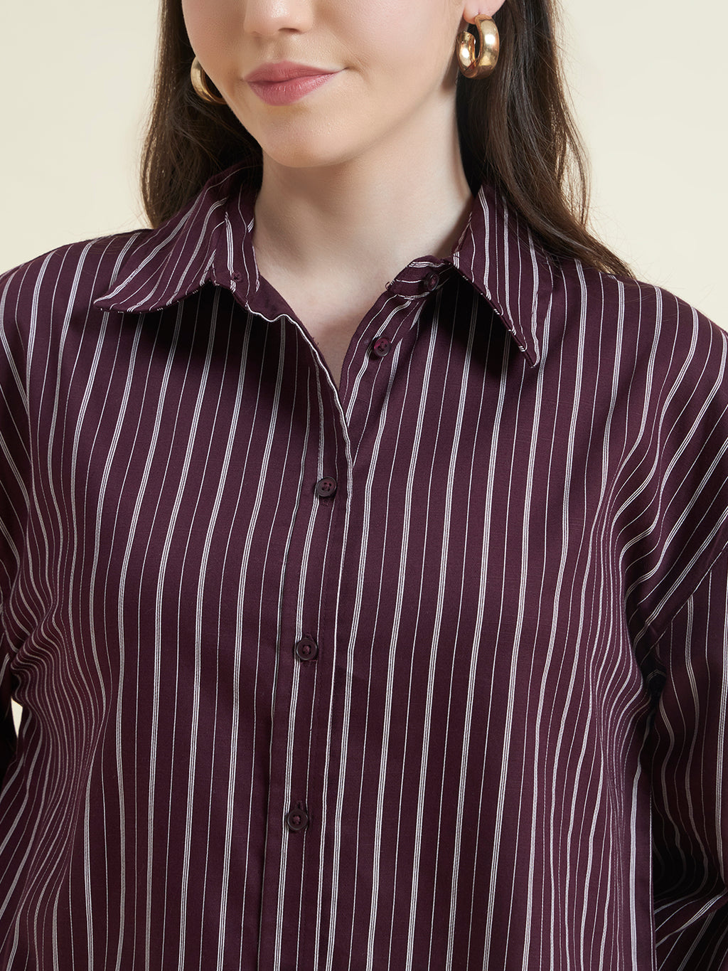 Beatnik Women Wine Oversized Tencel Striped Full Sleeve Casual Shirt