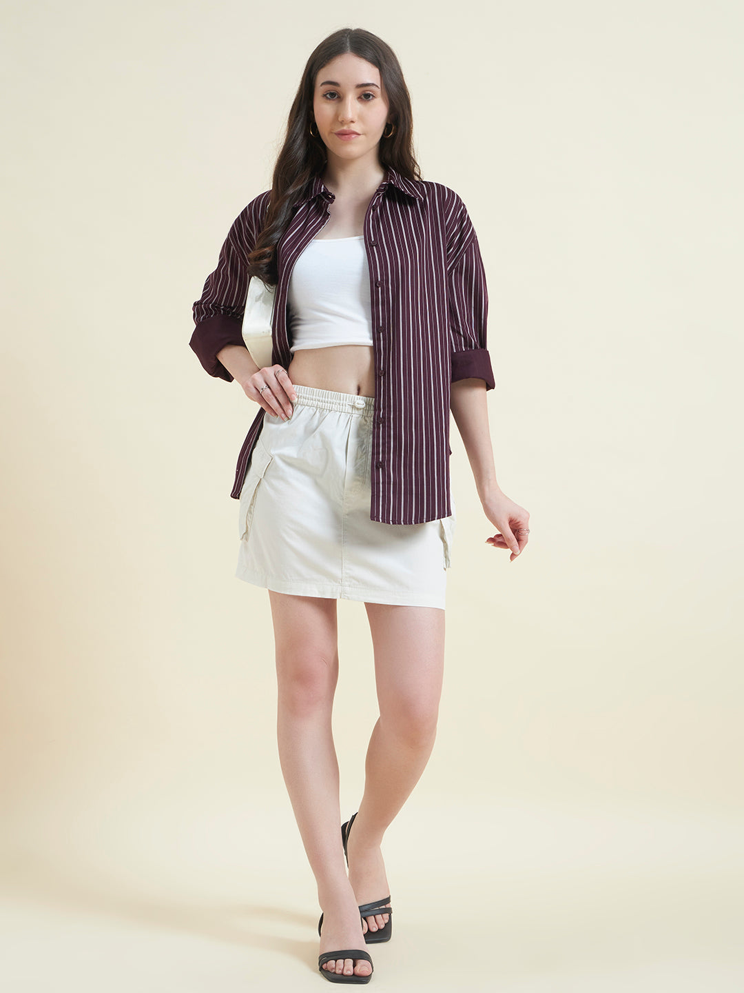 Beatnik Women Wine Oversized Tencel Striped Full Sleeve Casual Shirt