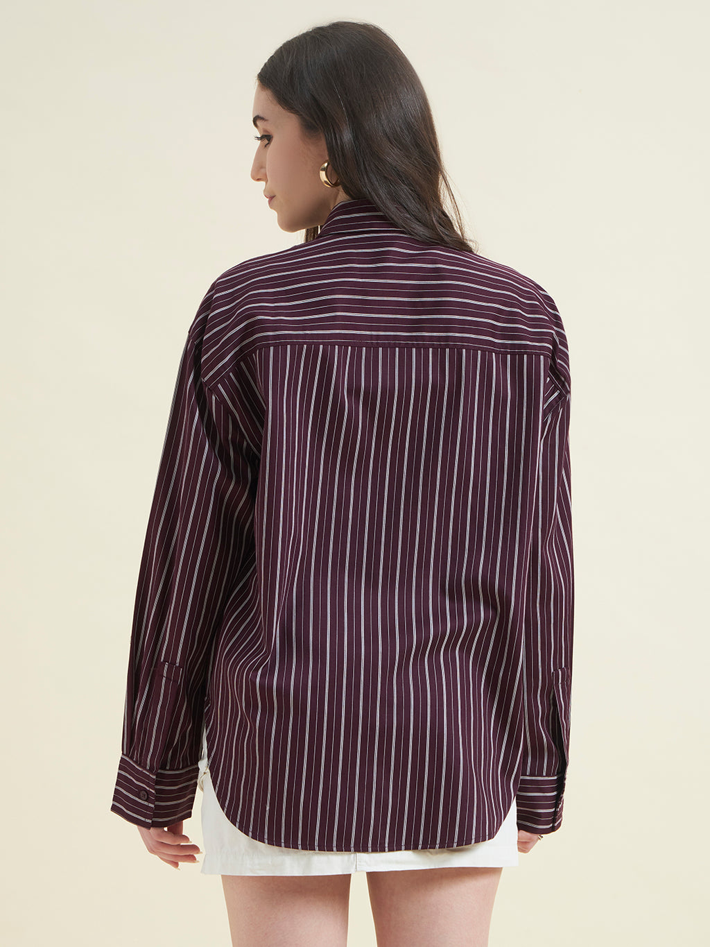 Beatnik Women Wine Oversized Tencel Striped Full Sleeve Casual Shirt