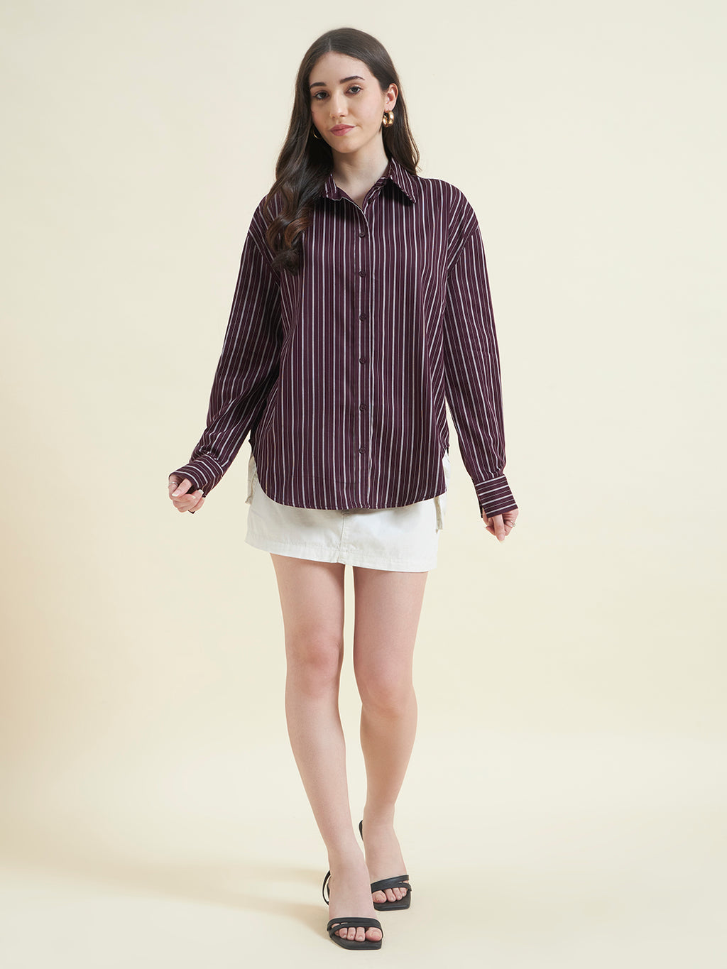 Beatnik Women Wine Oversized Tencel Striped Full Sleeve Casual Shirt