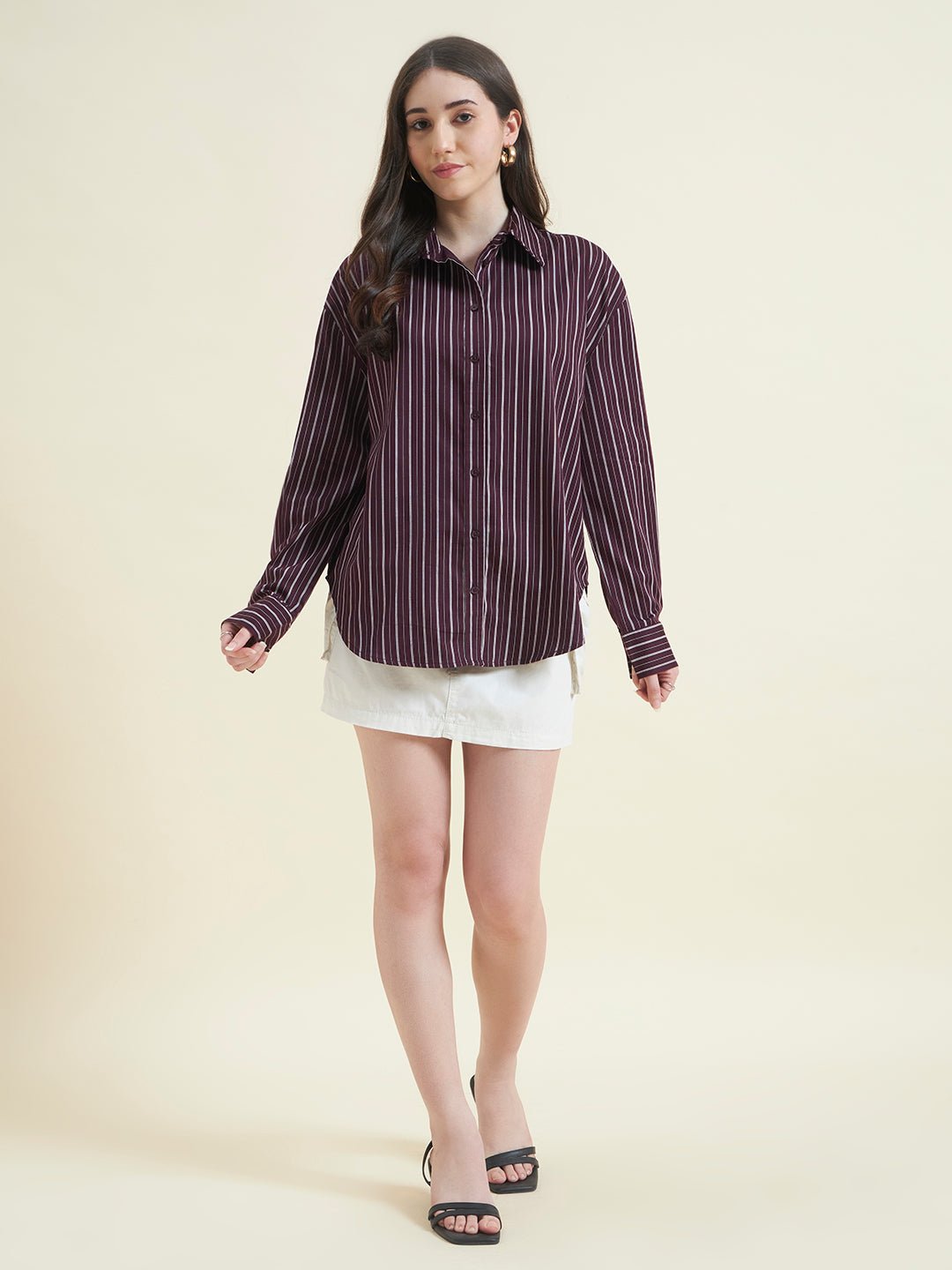 Beatnik Women Wine Oversized Tencel Striped Full Sleeve Casual Shirt