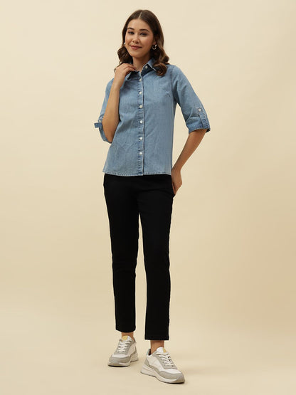 Denim Blue Western Spread Collar Shirt Beatnik