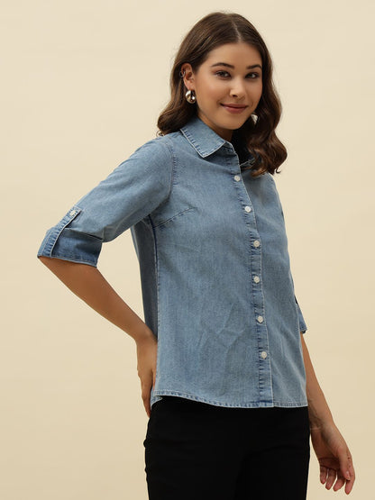 Denim Blue Western Spread Collar Shirt Beatnik