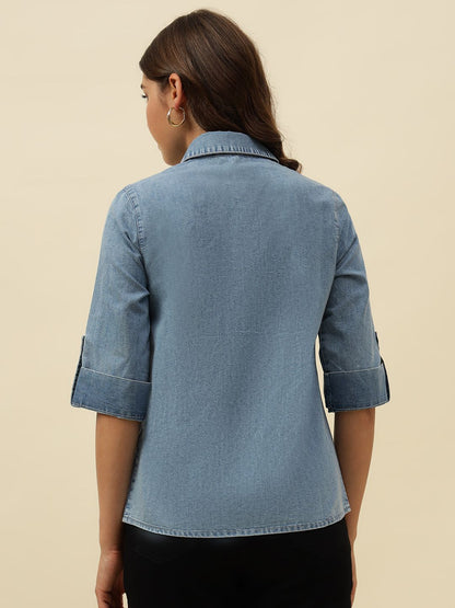 Denim Blue Western Spread Collar Shirt Beatnik