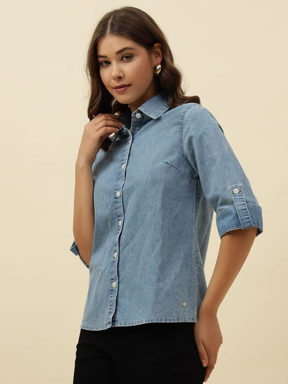 Denim Blue Western Spread Collar Shirt Beatnik
