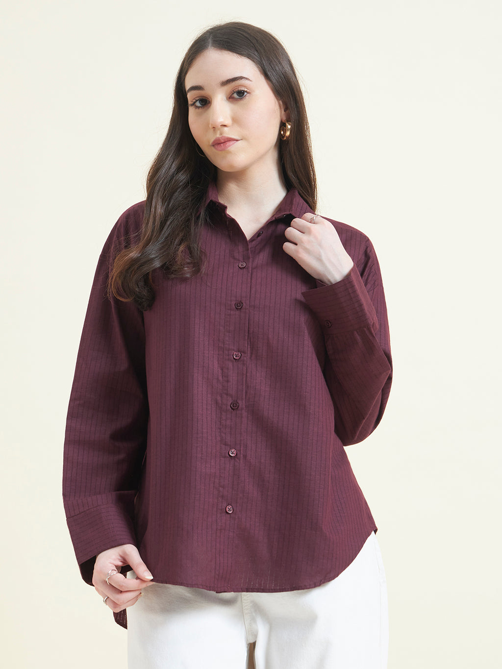 Beatnik Women Wine Oversized Dobby Striped Cuffed Sleeve Casual Shirt