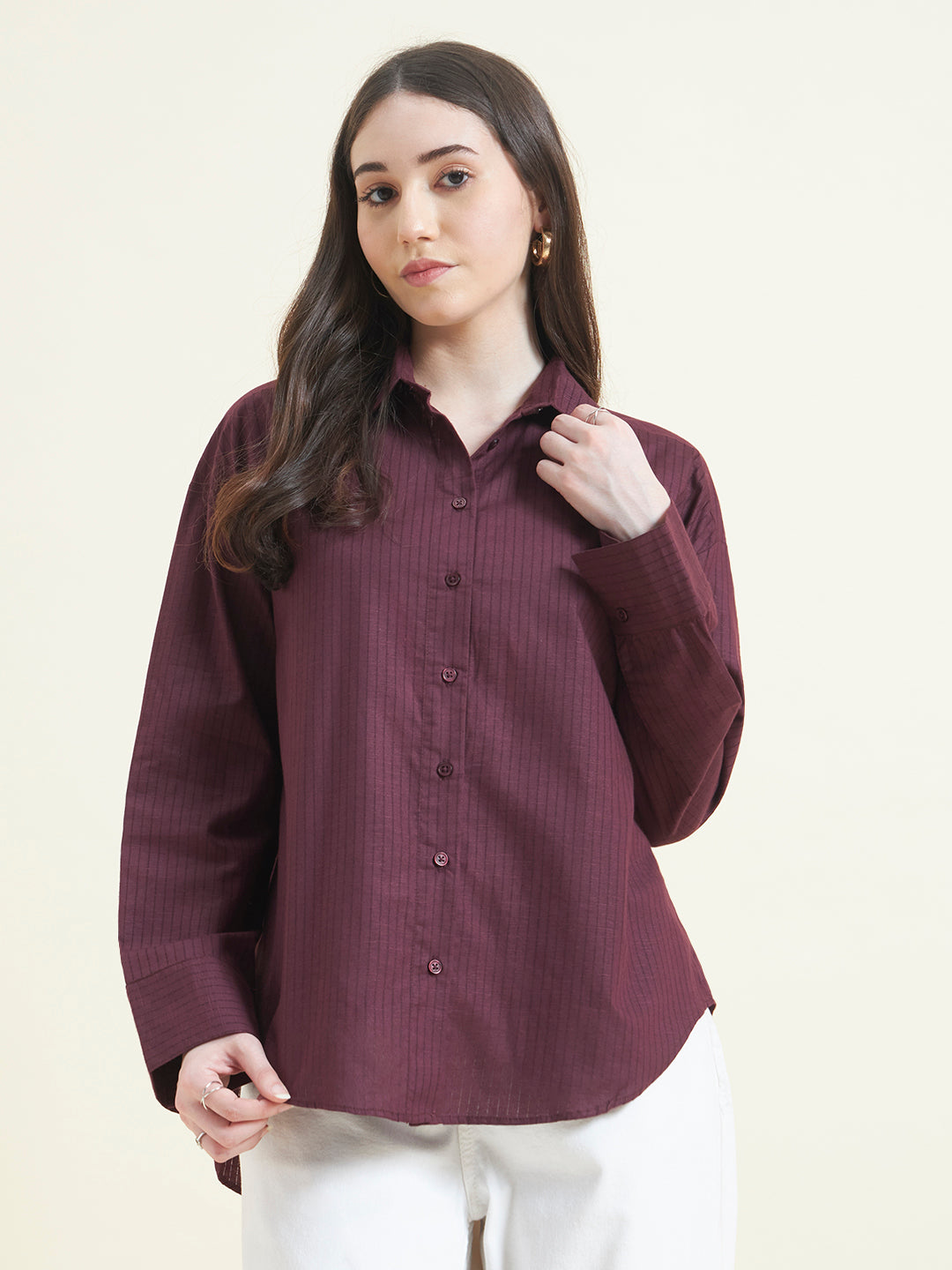 Beatnik Women Wine Oversized Dobby Striped Cuffed Sleeve Casual Shirt