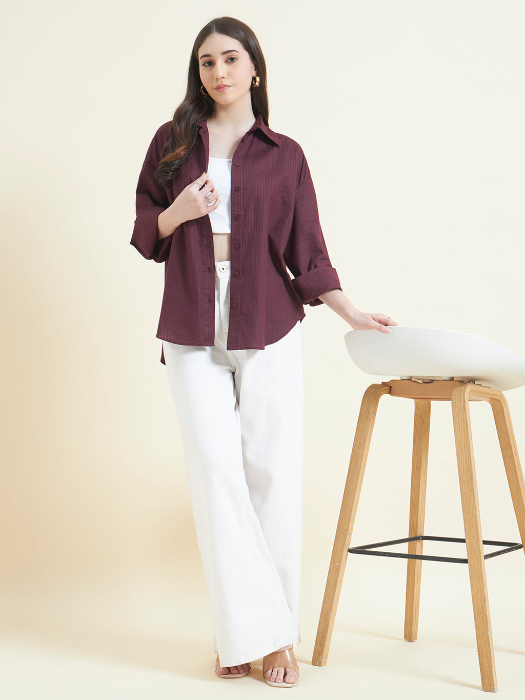 Beatnik Women Wine Oversized Dobby Striped Cuffed Sleeve Casual Shirt