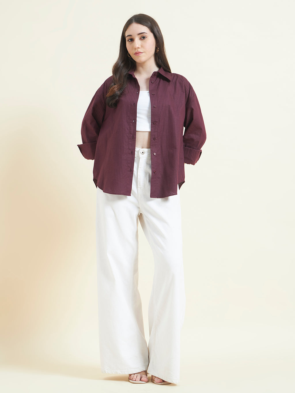 Beatnik Women Wine Oversized Dobby Striped Cuffed Sleeve Casual Shirt