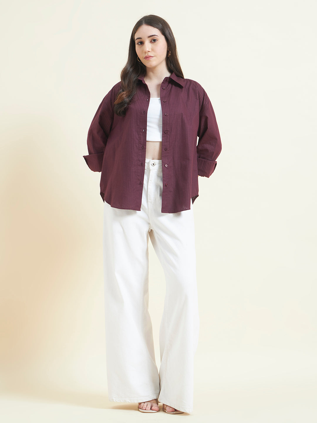 Beatnik Women Wine Oversized Dobby Striped Cuffed Sleeve Casual Shirt