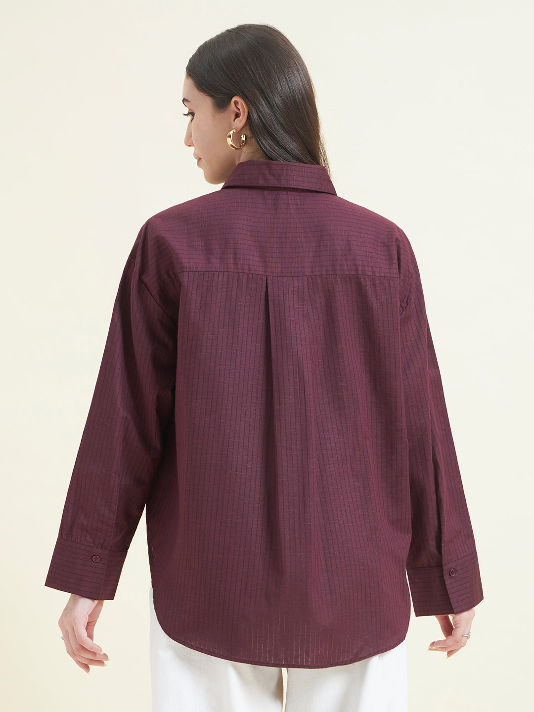 Beatnik Women Wine Oversized Dobby Striped Cuffed Sleeve Casual Shirt