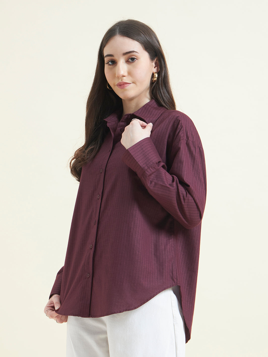 Beatnik Women Wine Oversized Dobby Striped Cuffed Sleeve Casual Shirt
