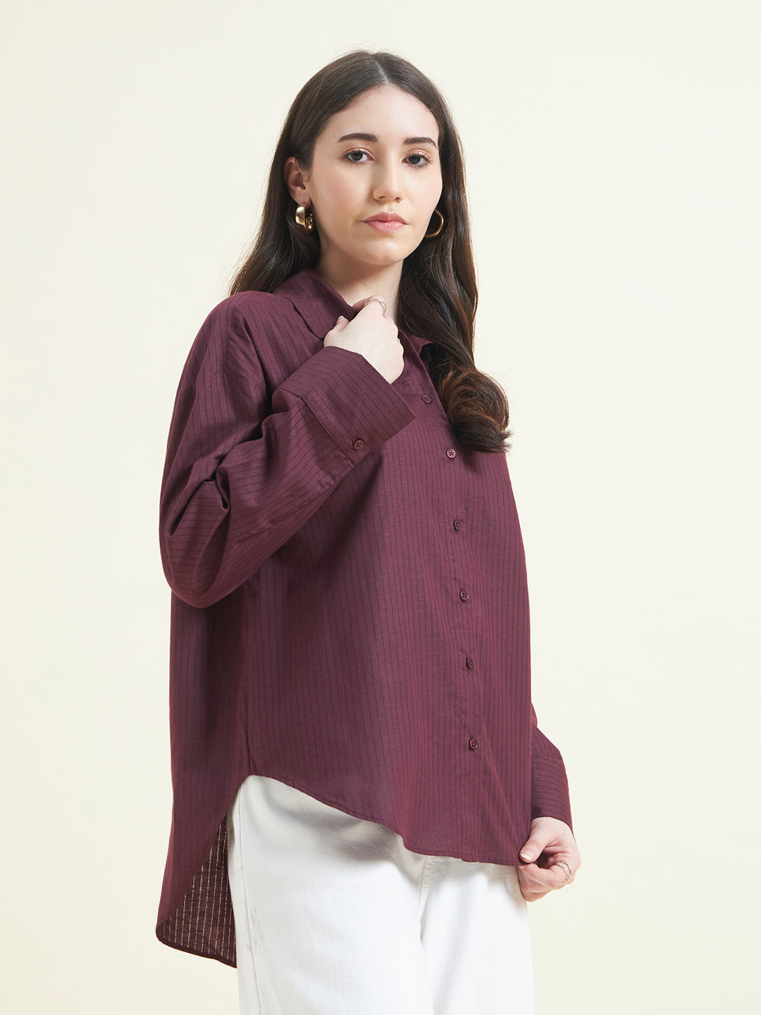 Beatnik Women Wine Oversized Dobby Striped Cuffed Sleeve Casual Shirt